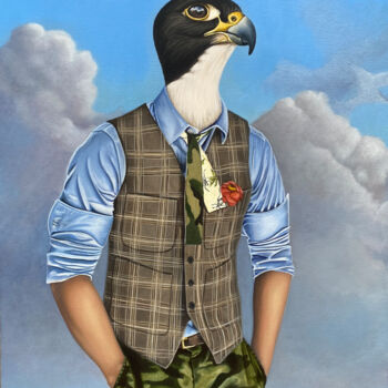Ζωγραφική με τίτλο "Millennial Falcon (…" από Ryan Rice, Αυθεντικά έργα τέχνης, Λάδι Τοποθετήθηκε στο Ξύλινο φορείο σκελετό