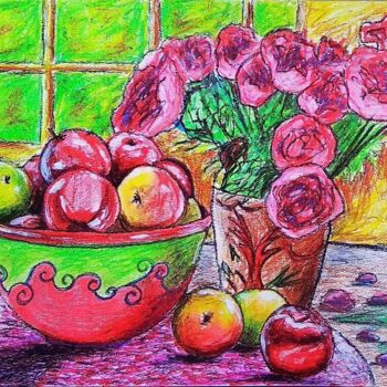 Drawing titled "Des pommes et des r…" by Sabrina Riggio, Original Artwork, Pastel