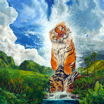 Printmaking titled "The Watering Tiger…" by Sailev, Original Artwork, Digital Print