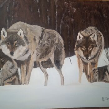 Painting titled "волки на зимней пол…" by Shamil Pochtarev, Original Artwork, Acrylic