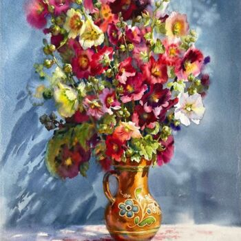 Painting titled "Flowers Malva" by Samira Yanushkova, Original Artwork, Watercolor