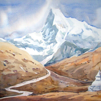 Ζωγραφική με τίτλο "Beauty of Himalaya-…" από Samiran Sarkar, Αυθεντικά έργα τέχνης, Ακουαρέλα