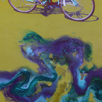 Painting titled "vélo mousse" by Sandrine Gergaud, Original Artwork, Acrylic Mounted on Wood Stretcher frame