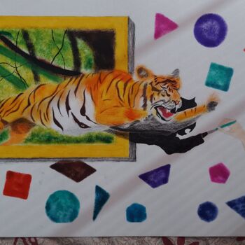 "Tiger Jumping from…" başlıklı Tablo Sangram Bubun tarafından, Orijinal sanat, Pastel