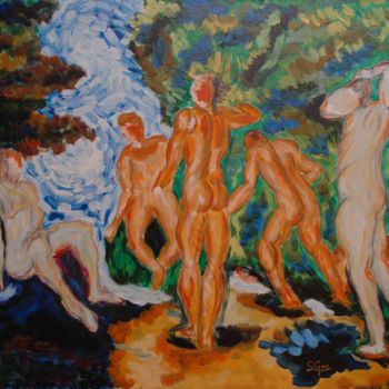 Painting titled "7-los-banistas-ceza…" by Santi Goñi, Original Artwork, Oil