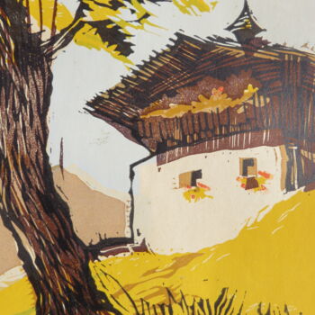 Malerei mit dem Titel ""Die Berghütte"" von Satyam Art, Original-Kunstwerk, Holzschnitt
