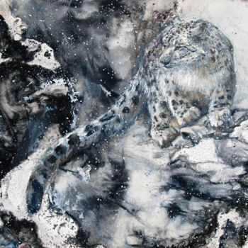 Painting titled "Snow leopard" by Roza Savinova, Original Artwork, Monotype