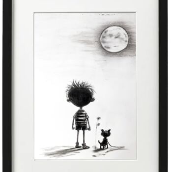 Drawing titled "Boy & Pet face of m…" by Scalp, Original Artwork, Charcoal