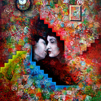 Painting titled "El Beso" by Sciortino, Original Artwork, Acrylic Mounted on Wood Panel