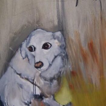Painting titled "White Dog" by Scott Spencer, Original Artwork, Oil Mounted on Wood Stretcher frame