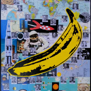 Malerei mit dem Titel "SPACE BANANA" von Segutoart, Original-Kunstwerk, Sprühfarbe Auf Keilrahmen aus Holz montiert