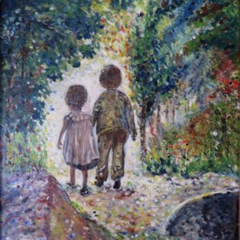 Картина под названием "Enfants en forêt" - Serge Boisse, Подлинное произведение искусства, Масло Установлен на Деревянная ра…