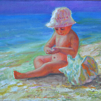 Malerei mit dem Titel "Boy on the beach" von Sergei Lisitsyn, Original-Kunstwerk, Öl