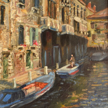 Malarstwo zatytułowany „Venice' street 1” autorstwa Sergei Lisitsyn, Oryginalna praca, Olej Zamontowany na Karton