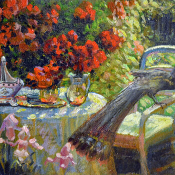 Painting titled "Table in the garden" by Sergei Lisitsyn, Original Artwork, Oil