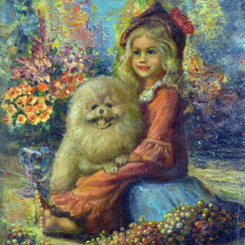 Painting titled "Girl with a dog" by Sergei Lisitsyn, Original Artwork, Oil