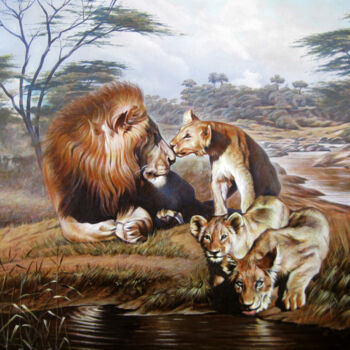Peinture intitulée "Lion with offspring" par Sergey And Vera, Œuvre d'art originale, Acrylique