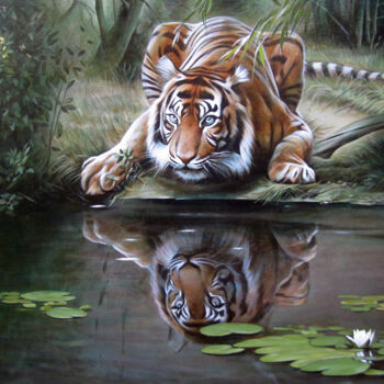 Ζωγραφική με τίτλο "Tiger cub by the ri…" από Sergey And Vera, Αυθεντικά έργα τέχνης, Ακρυλικό