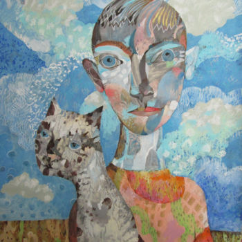 Painting titled "Boy with Cat" by Sergey Kostin, Original Artwork, Acrylic