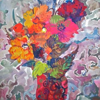 Painting titled "Red Flowers" by Sergey Kostin, Original Artwork, Watercolor
