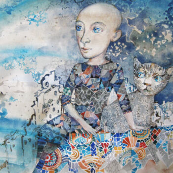 Картина под названием "Girl with  Good  Cat" - Sergey Kostin, Подлинное произведение искусства, Акварель
