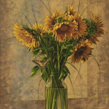 Malarstwo zatytułowany „Sunflowers” autorstwa Sergey Kuzmin, Oryginalna praca, Olej Zamontowany na Drewniana rama noszy