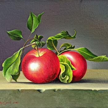 Painting titled "Still life apple (2…" by Sergey Miqayelya, Original Artwork, Oil Mounted on Wood Stretcher frame