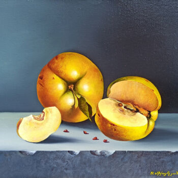 Painting titled "Still life - Quince" by Sergey Miqayelya, Original Artwork, Oil Mounted on Wood Stretcher frame