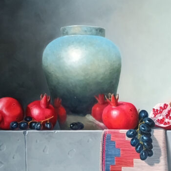 Ζωγραφική με τίτλο "Still life with pom…" από Sergey Miqayelya, Αυθεντικά έργα τέχνης, Λάδι Τοποθετήθηκε στο Ξύλινο φορείο σ…