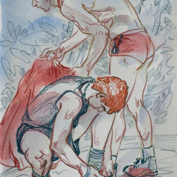 Disegno intitolato "Young athletes." da Sergey Sovkov, Opera d'arte originale, Acquarello