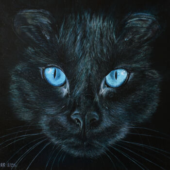 Painting titled "Black cat" by Sergey Suslov, Original Artwork, Oil Mounted on Wood Stretcher frame