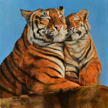 Painting titled "Tiger Tenderness" by Sergey Suslov, Original Artwork, Oil Mounted on Wood Stretcher frame