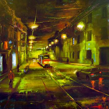 Painting titled "The last tram" by Sergey Lutsenko, Original Artwork, Oil Mounted on Wood Stretcher frame