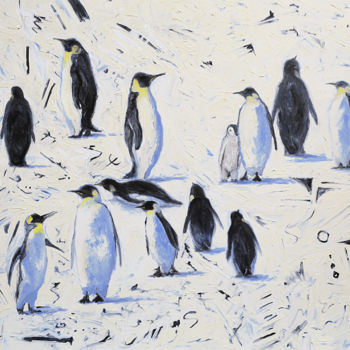 Painting titled "13 penguins" by Sergey Lutsenko, Original Artwork, Oil Mounted on Wood Stretcher frame