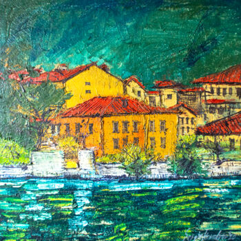 Painting titled "city above the water" by Sergio Kovalov, Original Artwork, Oil