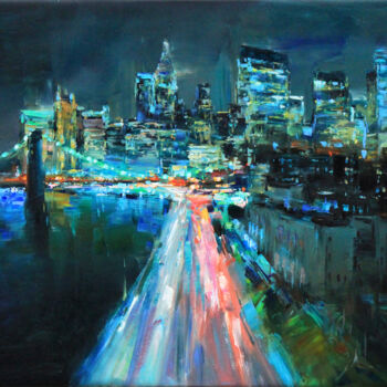 제목이 "Night in New York"인 미술작품 Serhii Cherniakovskyi로, 원작, 기름 나무 들것 프레임에 장착됨