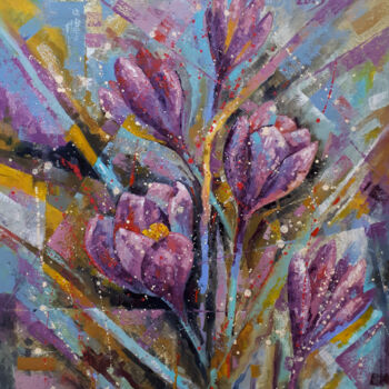 Painting titled "Crocuses in March" by Serhii Voichenko, Original Artwork, Oil