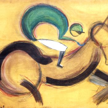 Painting titled "jockey vert à cheval" by Servin, Original Artwork, Gouache