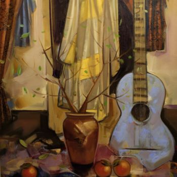 Painting titled "Still life with gui…" by Seyran Mejanyan, Original Artwork, Oil Mounted on Wood Stretcher frame