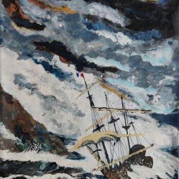 Painting titled "Old Sailship in Sto…" by Shahid Zuberi, Original Artwork, Acrylic