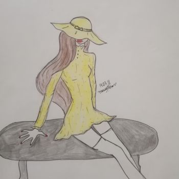 Drawing titled "La robe jaune" by Sharon Toudjani, Original Artwork, Pencil