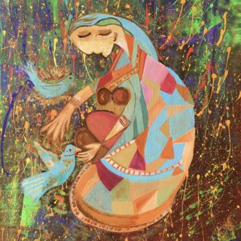 Картина под названием "lady with pigeon" - Shelja_arts Shelja Garg, Подлинное произведение искусства, Акрил