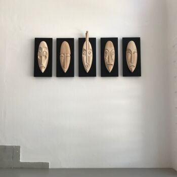 Sculpture titled "Masken 1 bis 5, See…" by Sheraya_berlin, Original Artwork, Wood Mounted on Wood Panel