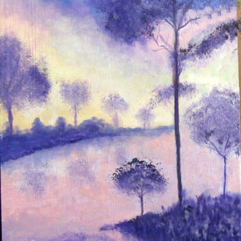 Painting titled "Laguna violeta" by Mercedes Gordo, Original Artwork, Oil Mounted on Wood Panel