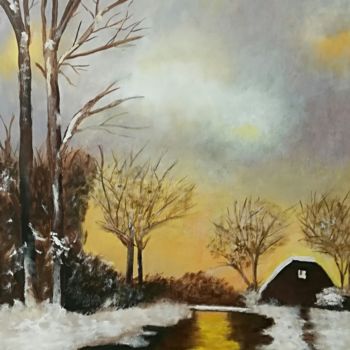 Painting titled "Nieve en la cabaña" by Mercedes Gordo, Original Artwork, Oil