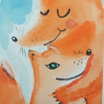 Pintura intitulada "Cute foxes" por Tatiana Shirova, Obras de arte originais, Aquarela