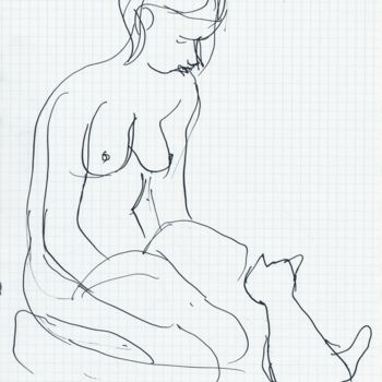 Рисунок под названием "Jeune Fille au Chat" - Amos Zelikson, Подлинное произведение искусства, Чернила