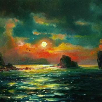 绘画 标题为“Moon Night at Sea” 由Vladislav Shurganov, 原创艺术品, 油