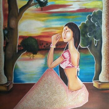 Malerei mit dem Titel "Woman by Lake" von Shweta Singh, Original-Kunstwerk, Öl