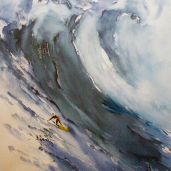 Painting titled "SURFEUR DE L'EXTREME" by Lisa, Original Artwork, Watercolor